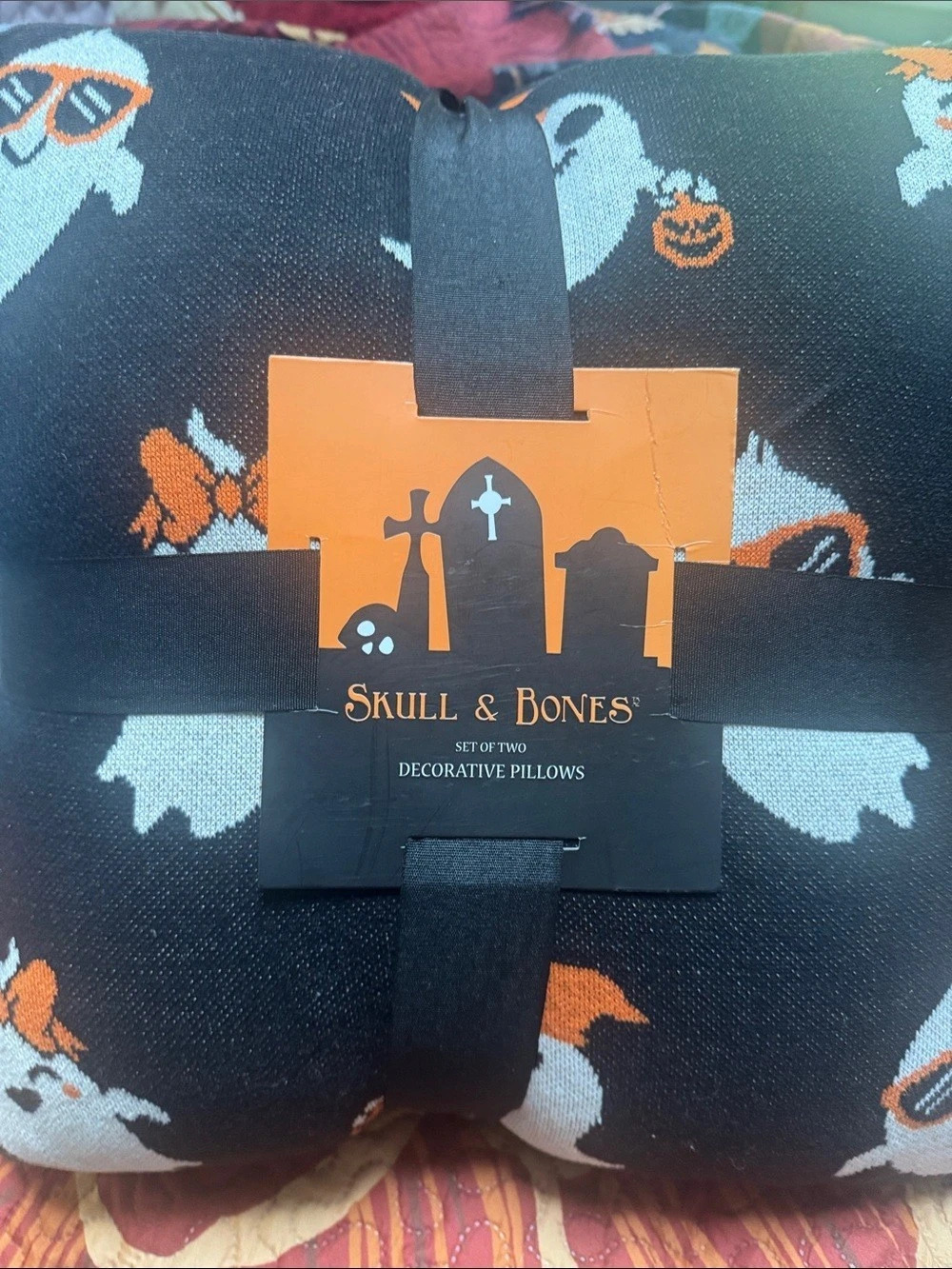 Skull & Bones Halloween Ghost Accent Pillow set 18”x18